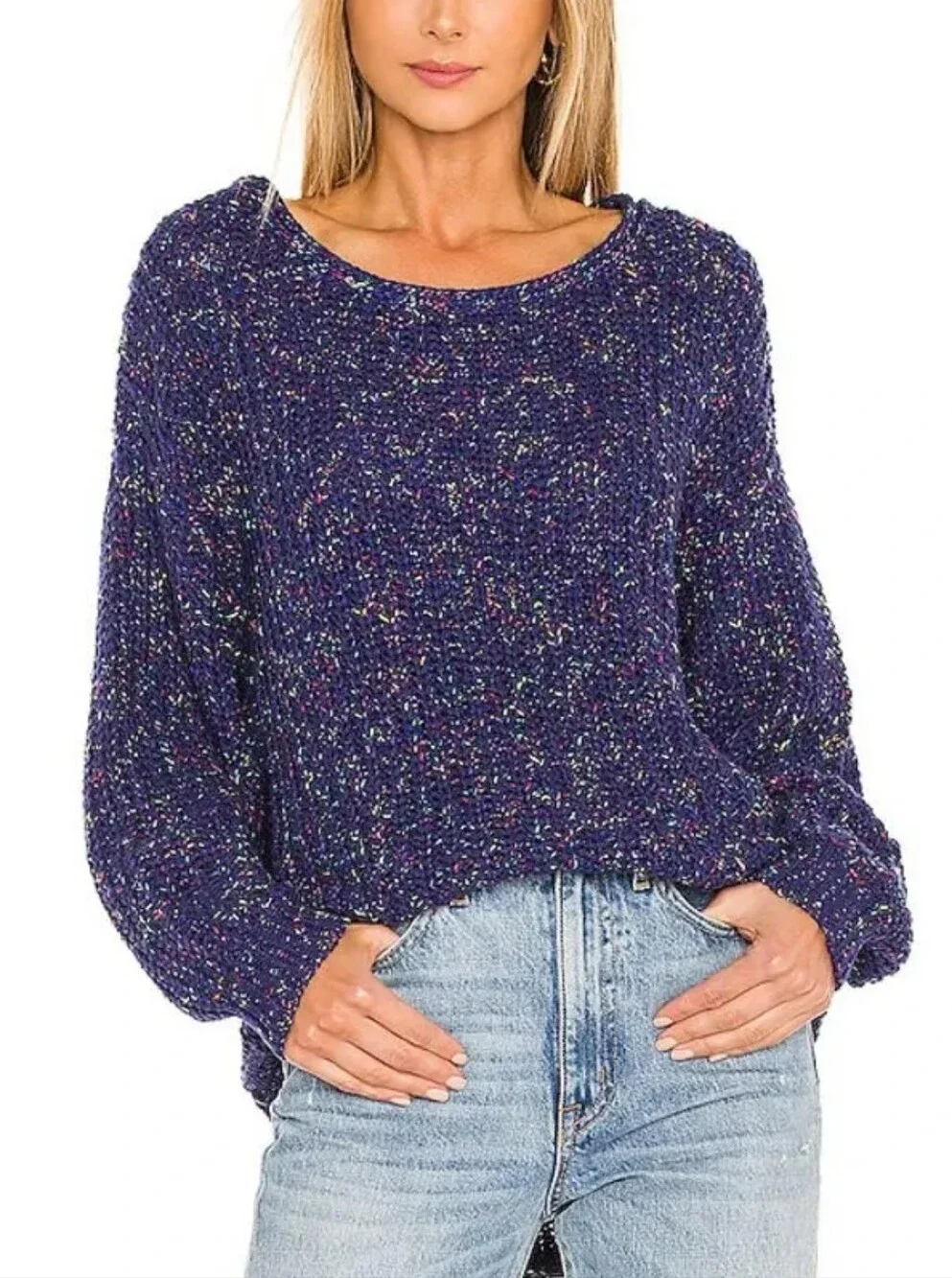 Free People Revolve Neon Lights Blue Confetti Speckle Rib Knit Oversized Sweater